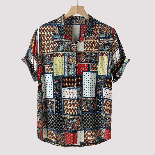 Mens Vintage Ethnic Style Printing Loose Short Casual Shirt