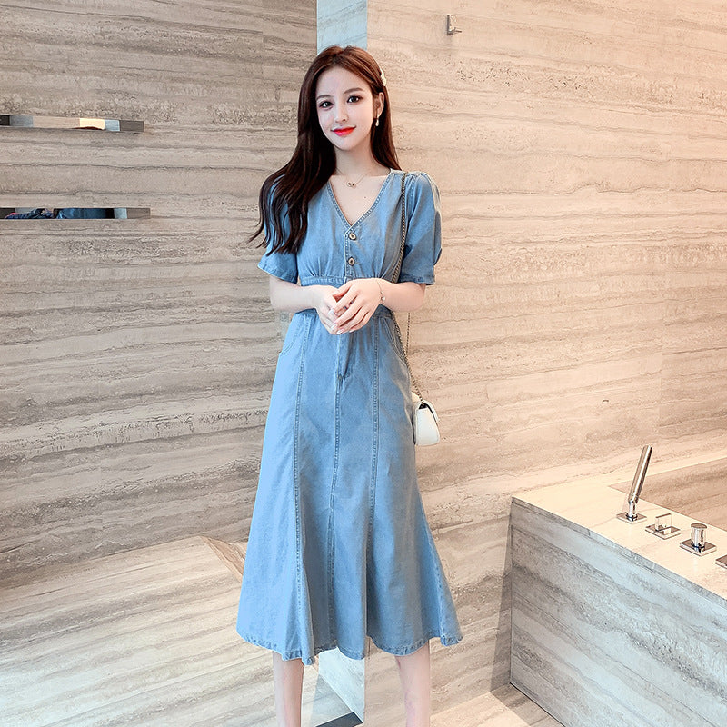 V-Neck High Waist Denim Dress Women