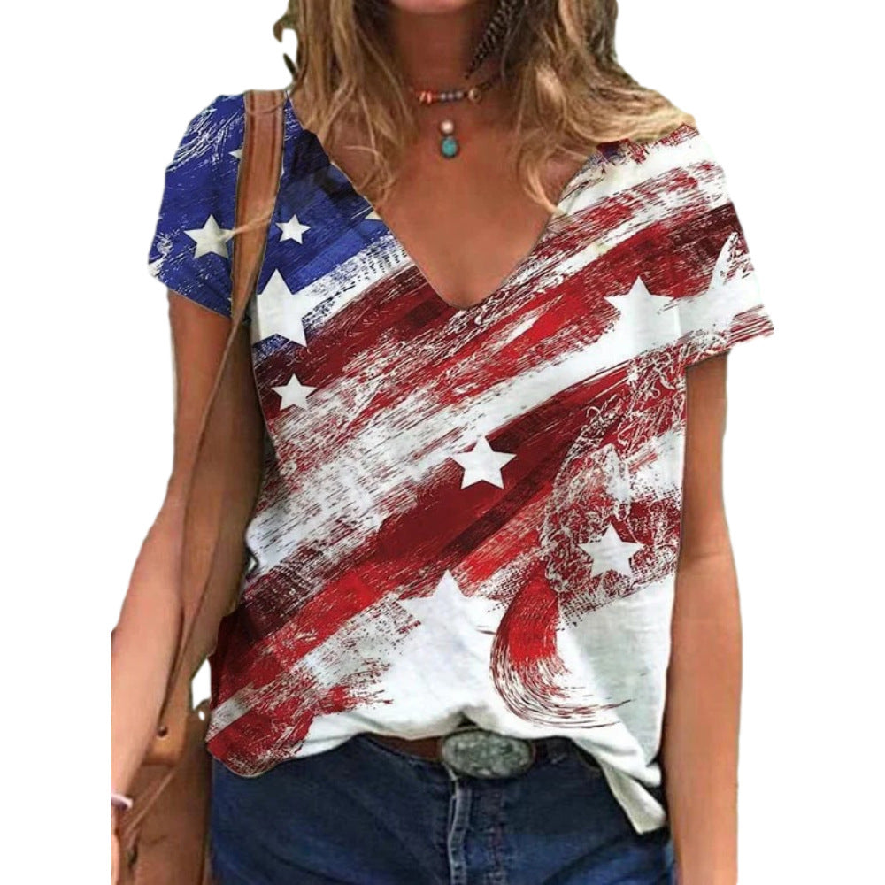 National Flag Independence Day FlagV-neck Short-sleeved Printed T-shirt Women