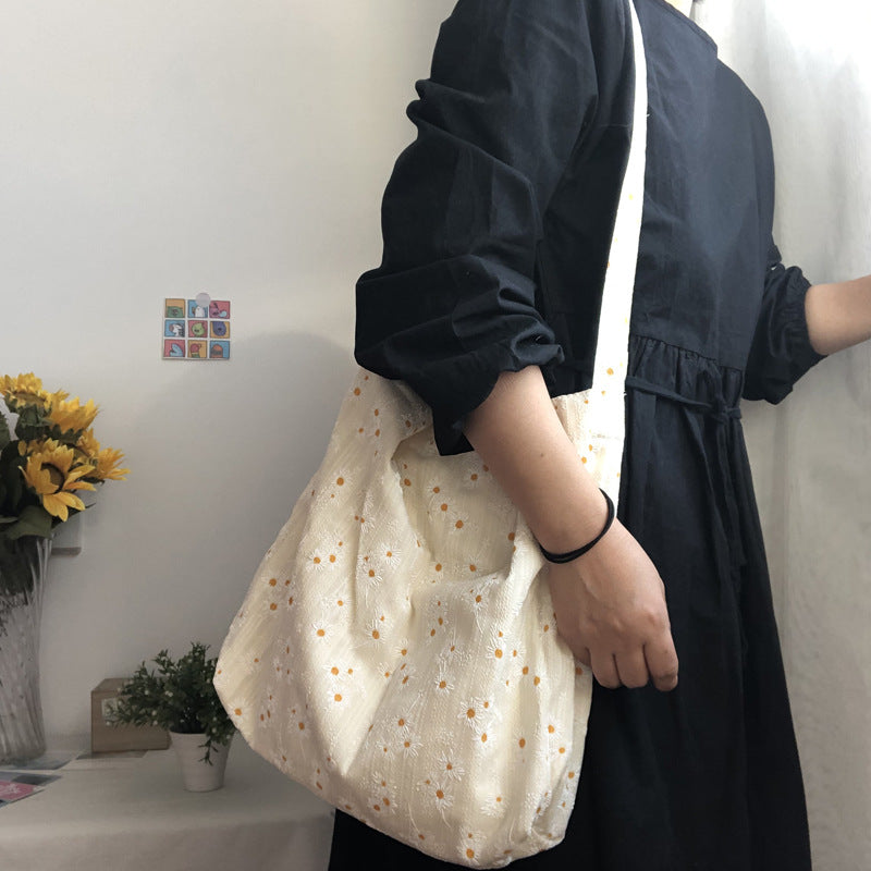 Canvas Shoulder Bag For Women, With Embossed Floral