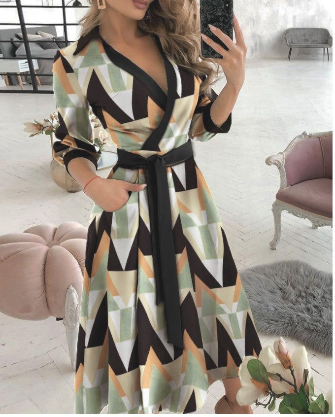 Summer New Geometric Print Belt Dress Women