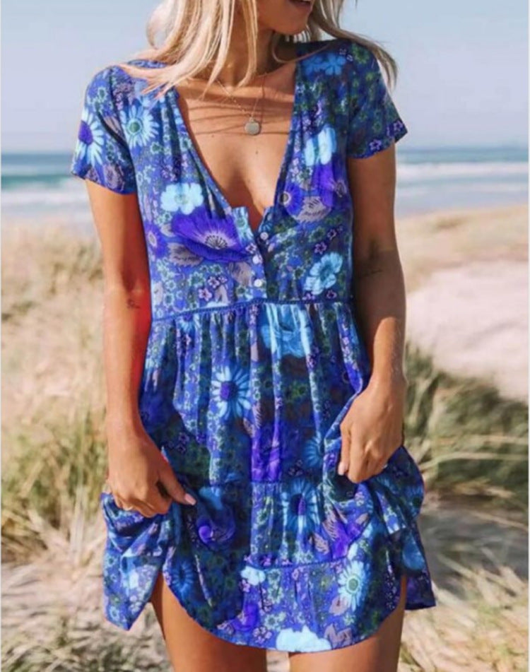 Printed V-neck Short-sleeved Dress Women