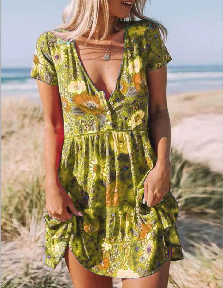 Printed V-neck Short-sleeved Dress Women