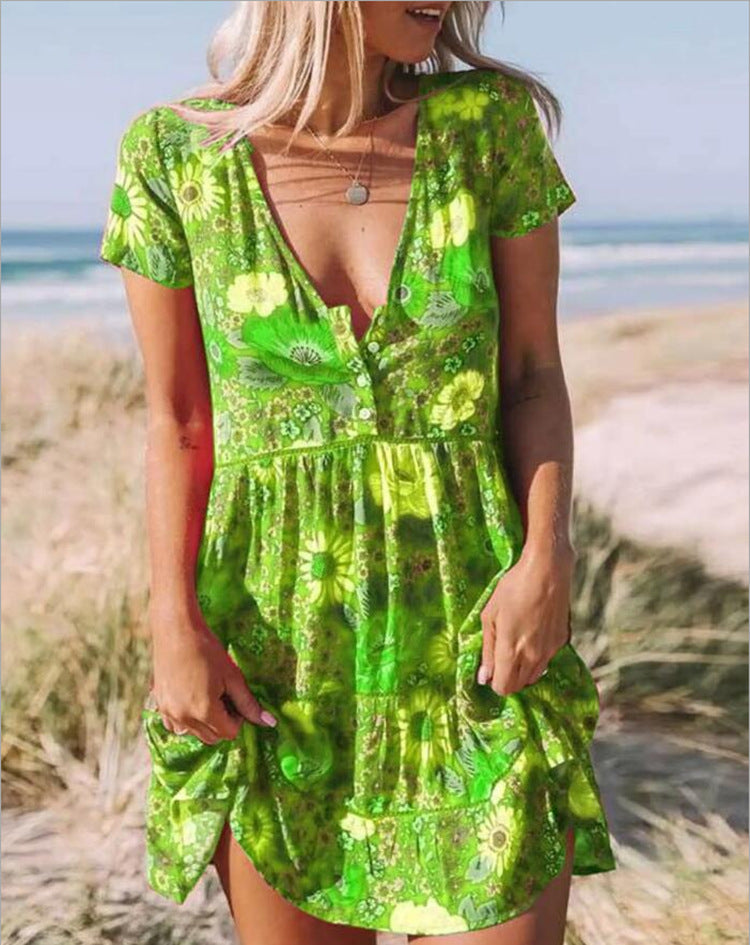 Printed V-neck Short-sleeved Dress Women
