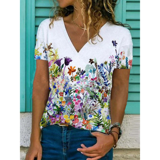 Flower Print Casual V-Neck Short-Sleeved T-Shirt Women