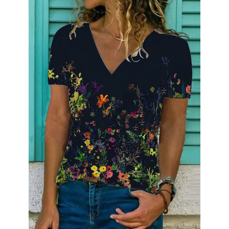 Flower Print Casual V-Neck Short-Sleeved T-Shirt Women