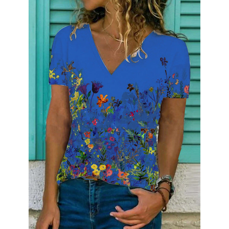 Flower Print Casual V-Neck Short-Sleeved T-Shirt Women