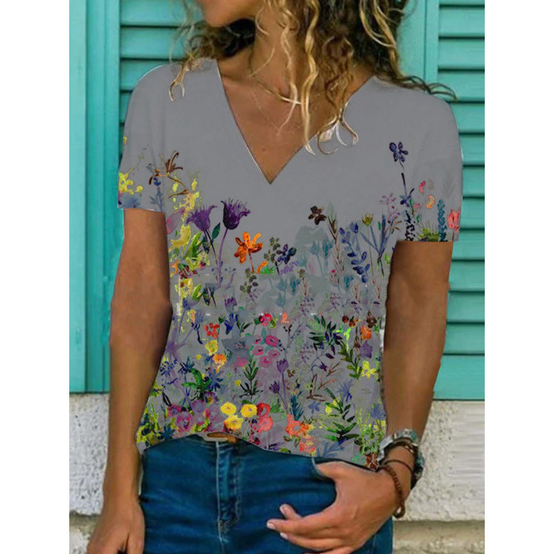 Flower Print Casual V-Neck Short-Sleeved T-Shirt Women