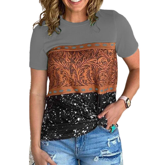 Loose Round Neck Stitching Leopard Print Short-sleeved T-shirt Women