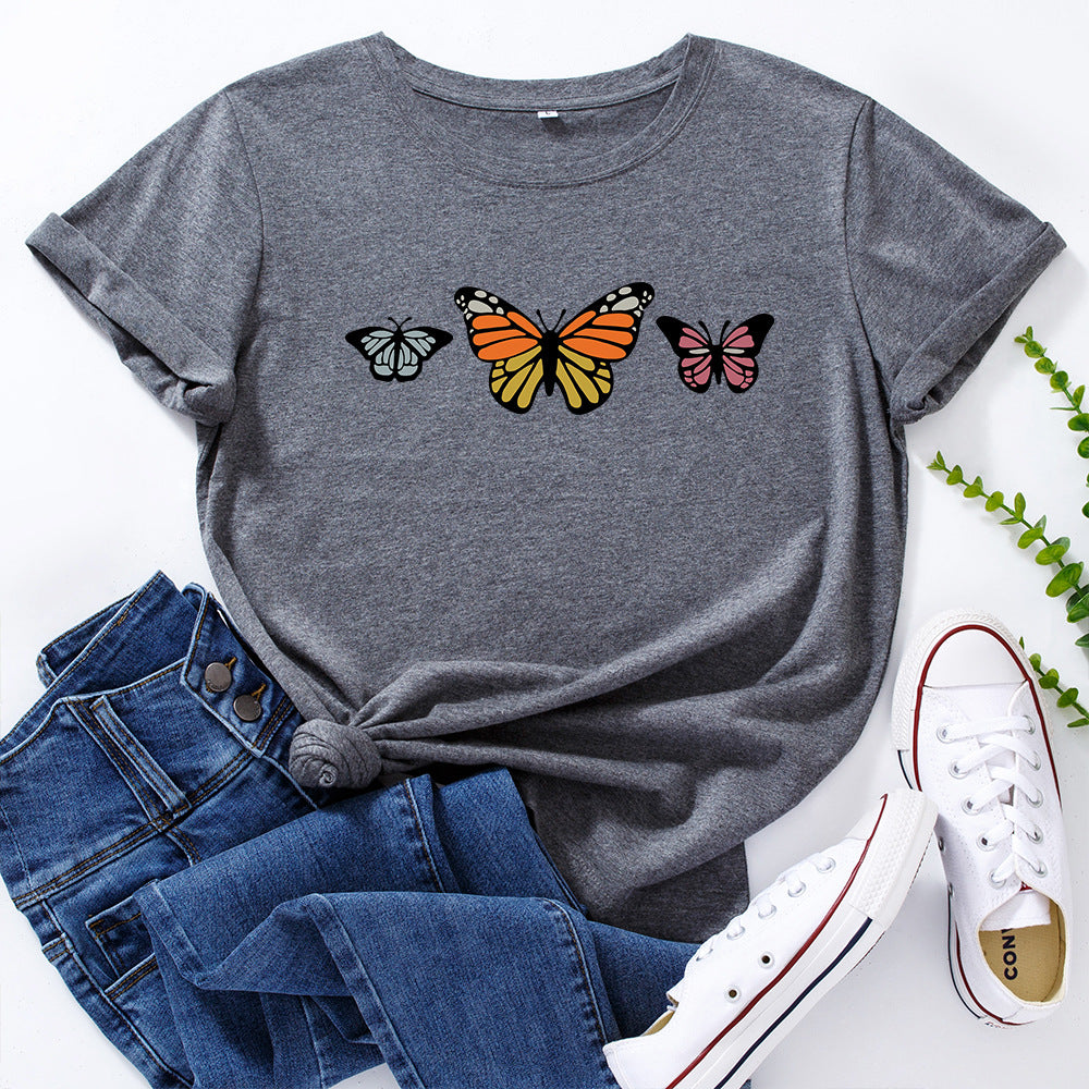 Pure cotton loose round neck butterfly short sleeve t-shirt women