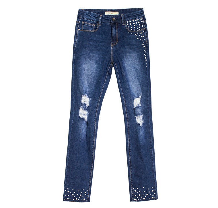 High-waist beaded stretch-through jeans