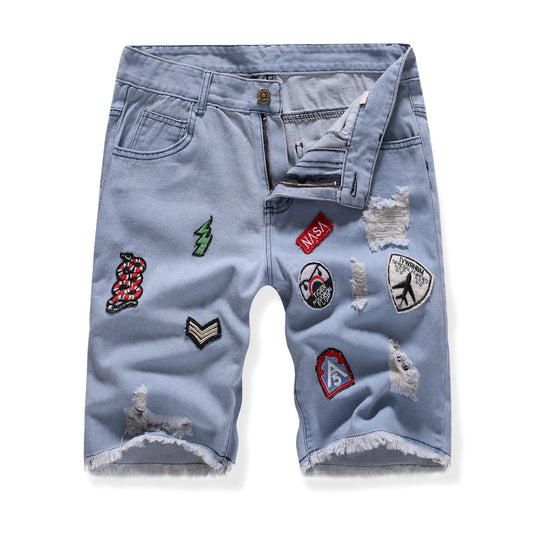 Men's multi-embroidered denim shorts