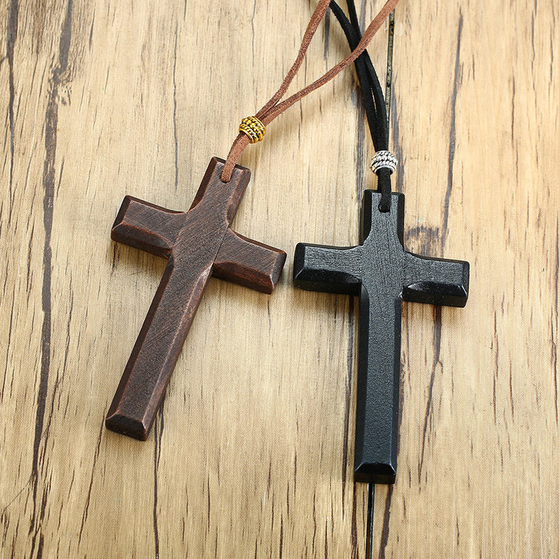Vintage wooden cross pendant necklace