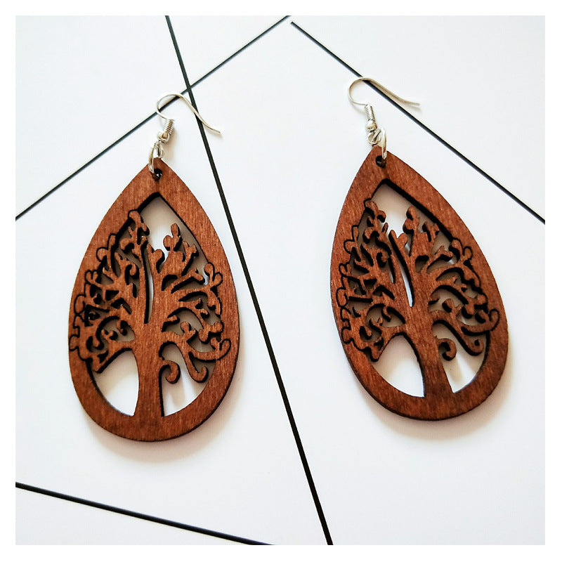 Wooden Colored Hollow Geometric Earrings Ethnic Style