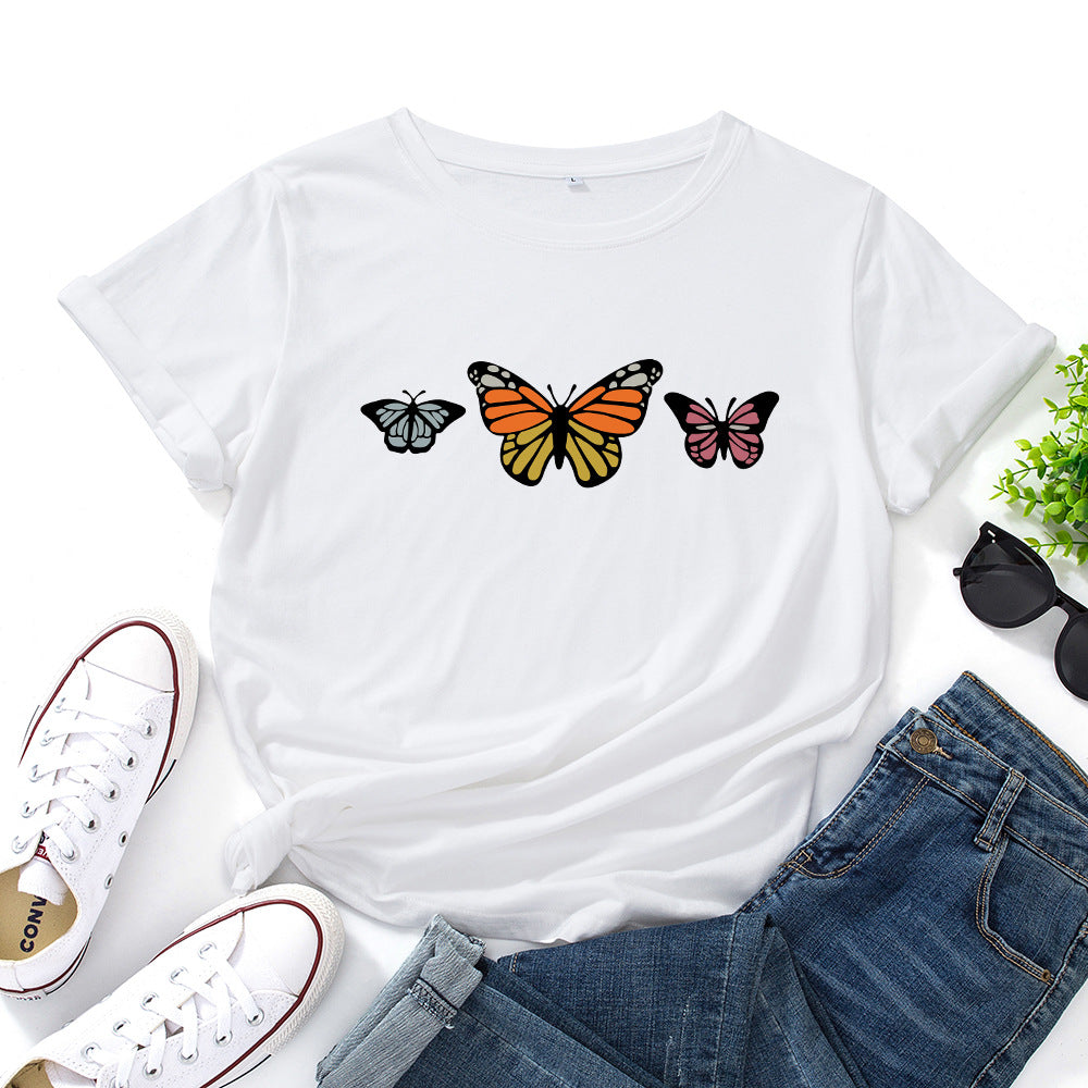 Pure cotton loose round neck butterfly short sleeve t-shirt women