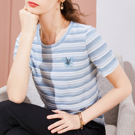 Striped T-shirt Round Neck Butterfly Embroidered Short Sleeve T-Shirt Women Women