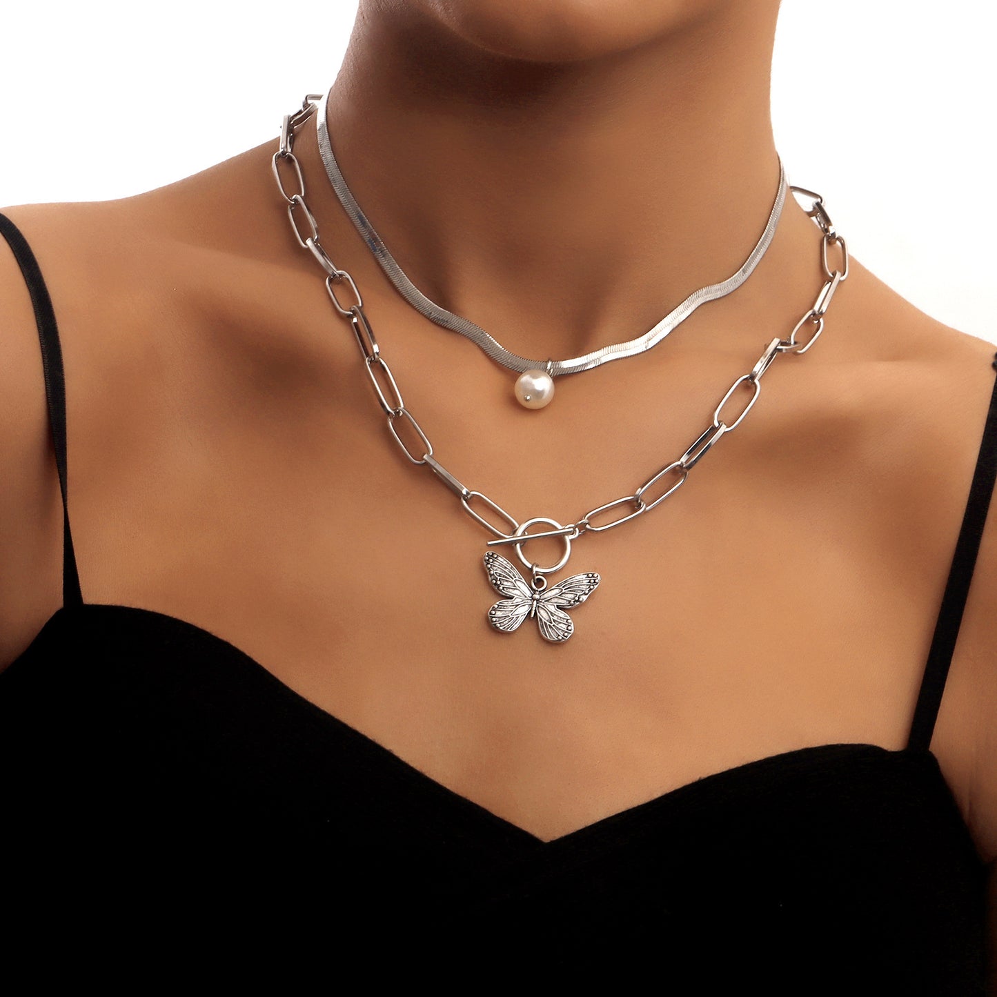 Pearl Striped Butterfly Pendant Necklace Women