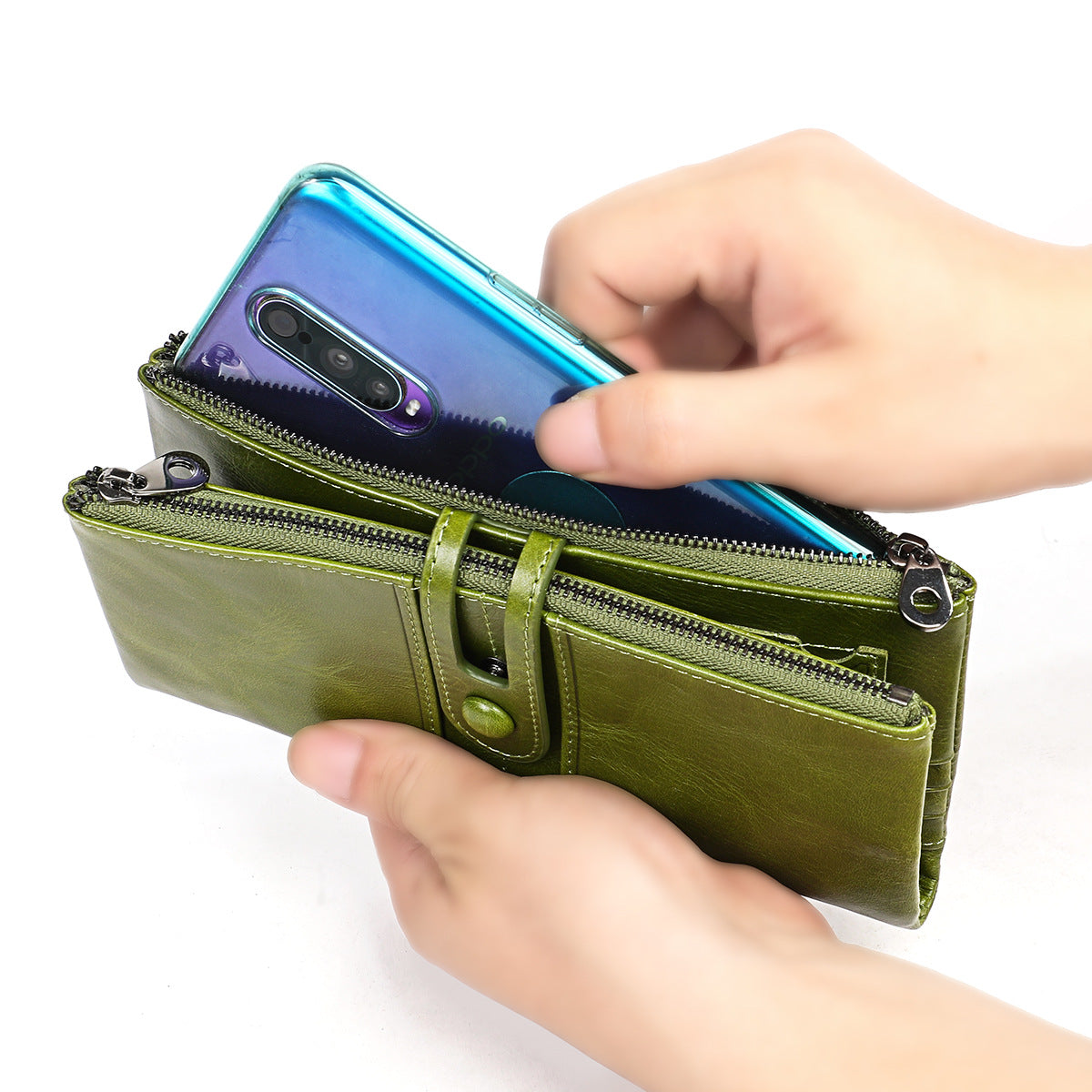 Top layer leather tri-fold wallet