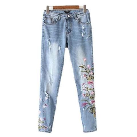 Ripped Floral Embroidery Denim Jeans