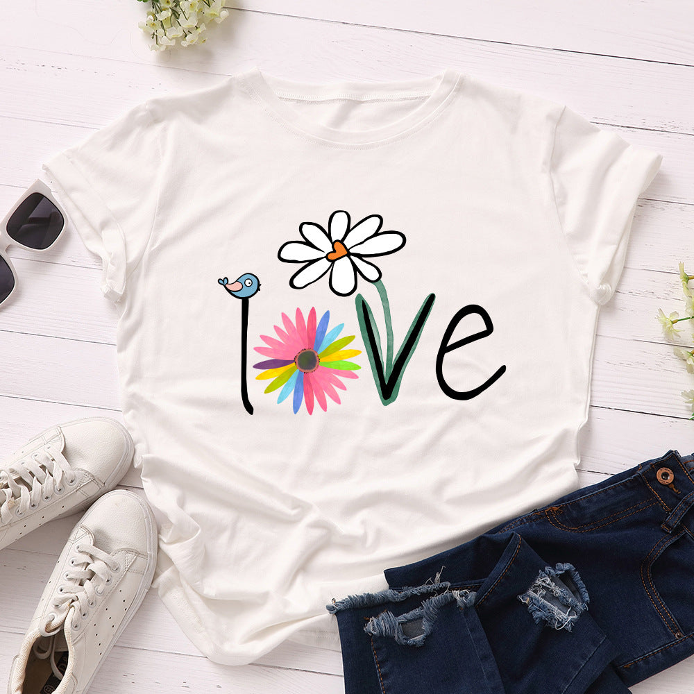 lvoe bird floral round neck short sleeve t-shirt women