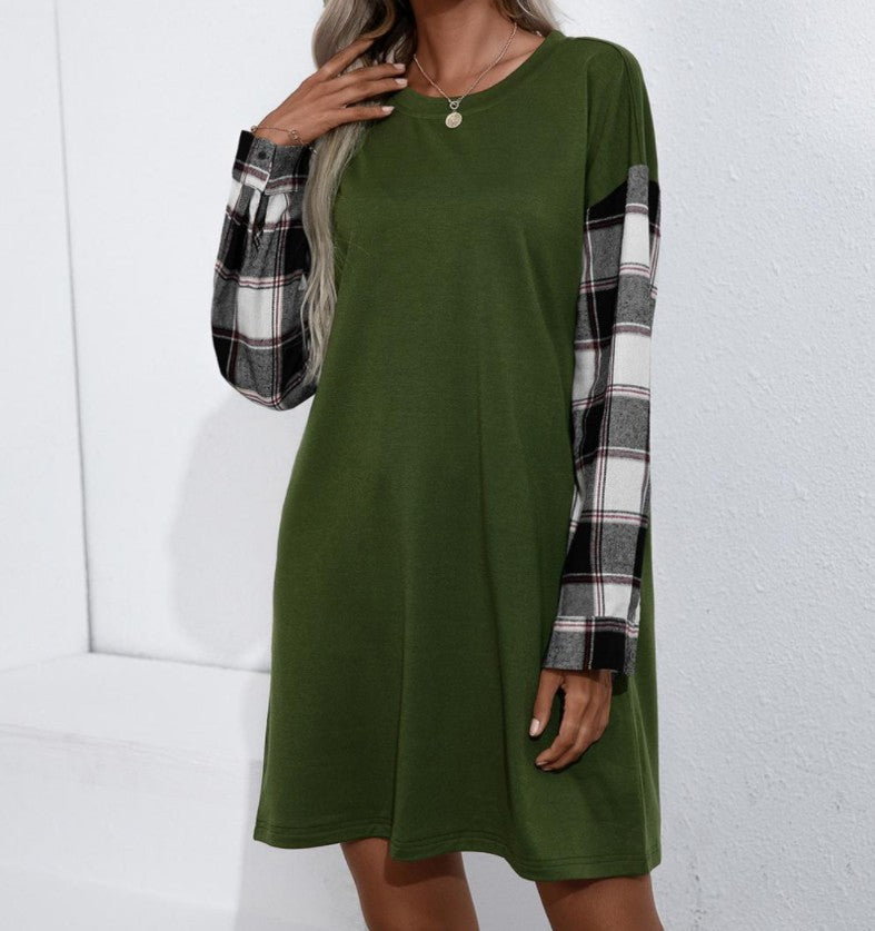 Plaid Stitching Round Neck Loose Dress Women