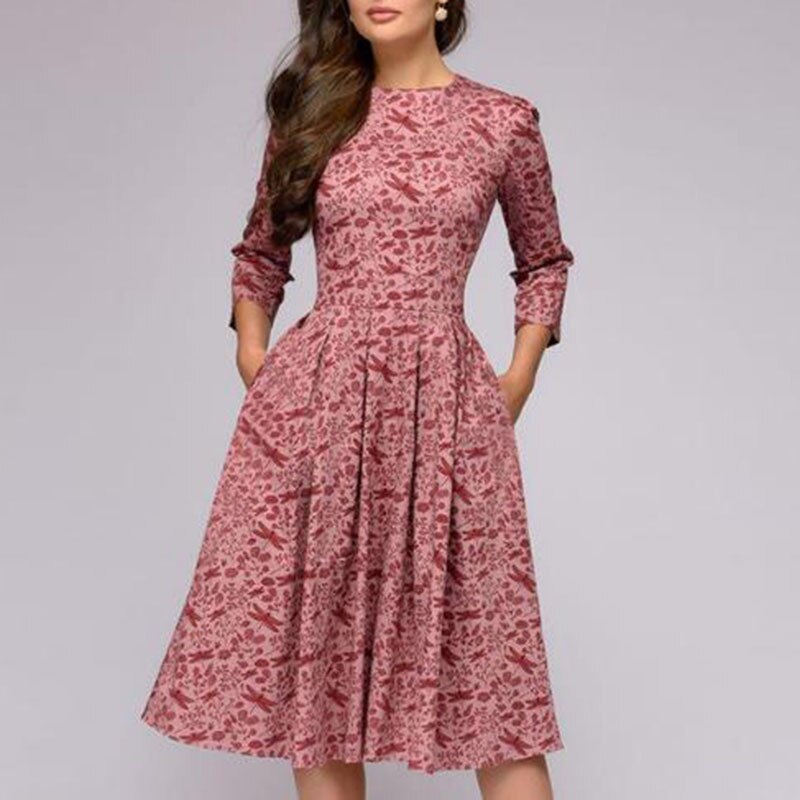 Women Elegent A-line Dress 2021 Vintage printing party vestidos Three Quarter Sleeve women Autumn Dress