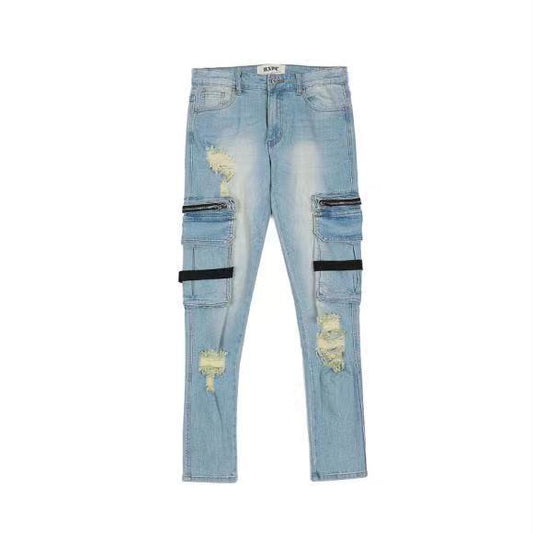 Destroyed Zipper Straps Washed Distressed Jeans