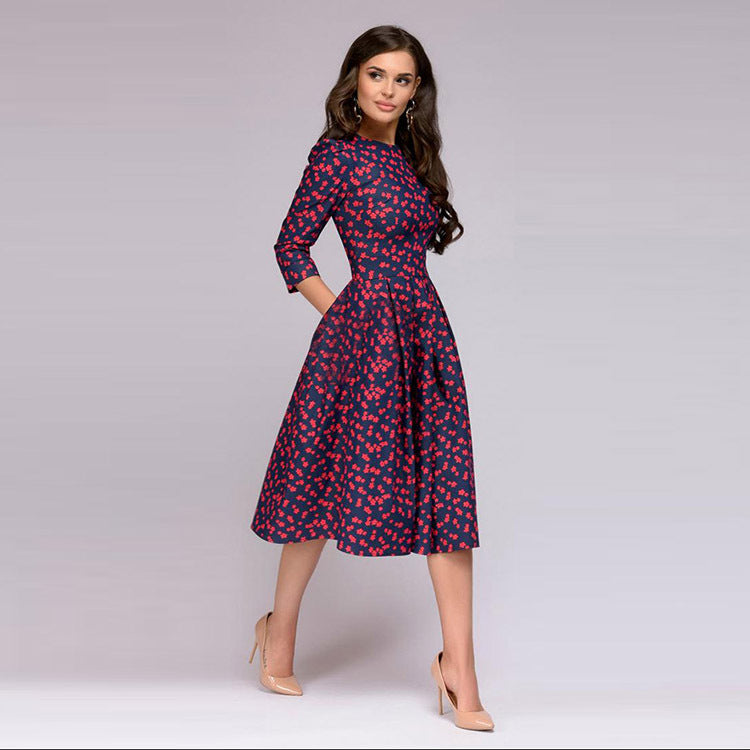 Women Elegent A-line Dress 2021 Vintage printing party vestidos Three Quarter Sleeve women Autumn Dress