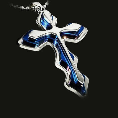 Fashion Necklace Men Creative Three-tiered Blue and Black Cross Pendant 50cm Beads Chain Necklace Jewelry Gifts for Men
