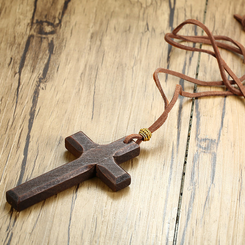 Vintage wooden cross pendant necklace