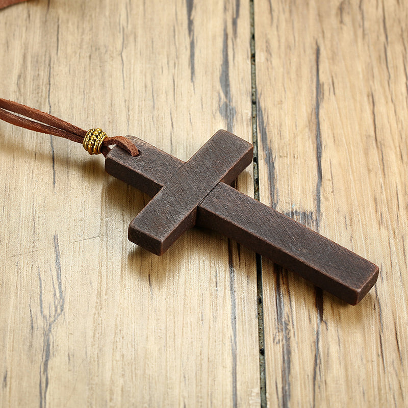 Vintage wooden cross pendant necklace