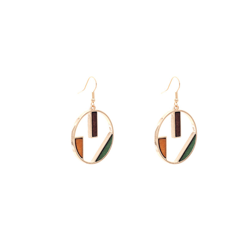 Geometric Circular Contrast Color Wooden Earrings Hollow