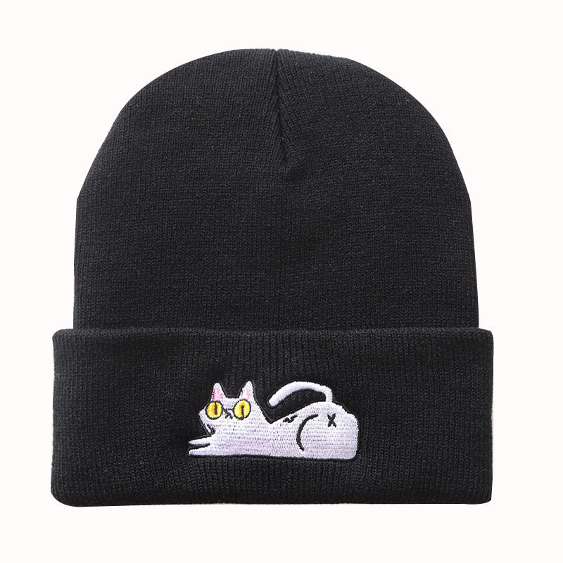 Cute Lazy Cat Embroidered Hip Hop Knitted Beanie