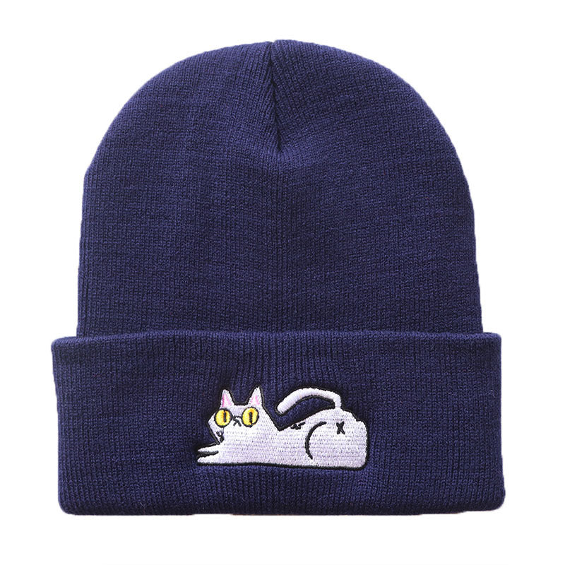 Cute Lazy Cat Embroidered Hip Hop Knitted Beanie