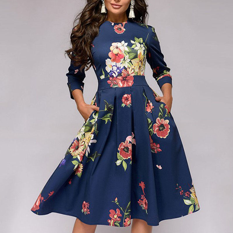 Women Elegent A-line Dress 2021 Vintage printing party vestidos Three Quarter Sleeve women Autumn Dress