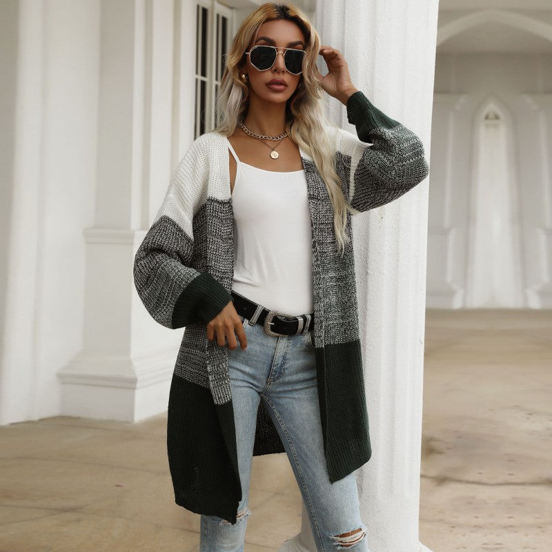 Color Block Bottoming V-Neck Knitted Sweater Women Jacket