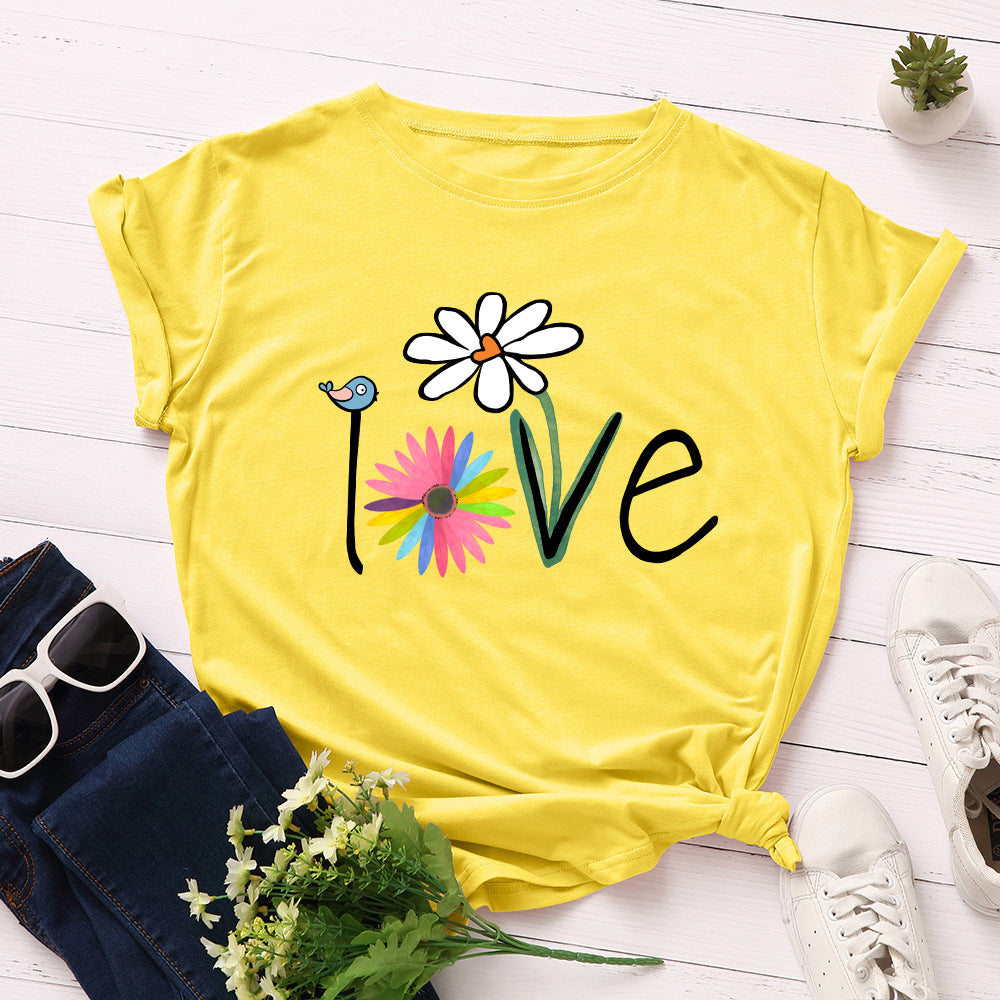 lvoe bird floral round neck short sleeve t-shirt women