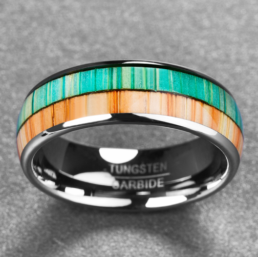 NUNCAD 8MM wide polished wood grain DomeTungsten carbide men inlaid ring double Color orange green trend mens gift ring