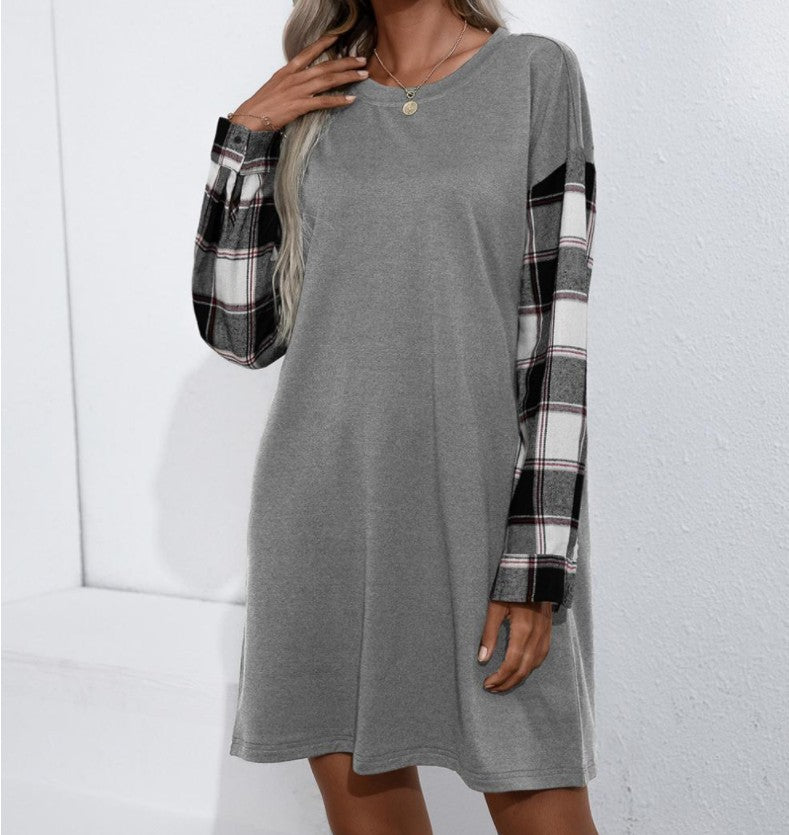 Plaid Stitching Round Neck Loose Dress Women