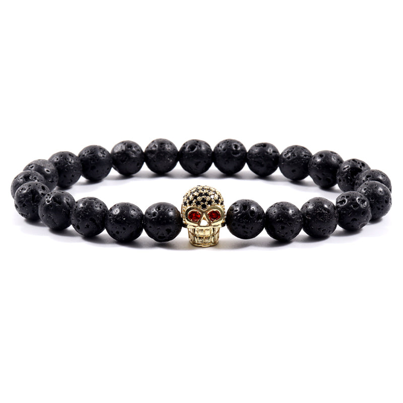 Skull Men Bracelet 8mm Lava Stone Bead Bracelet For Men Luxury Jewelry Gift