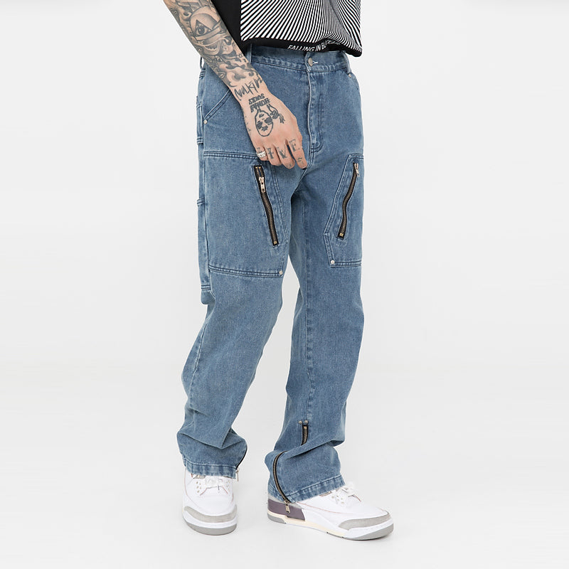 American High Street Zipper Design Split Jeans