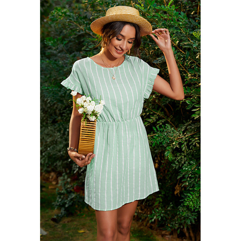 Ruffled Striped Round Neck Dress Women