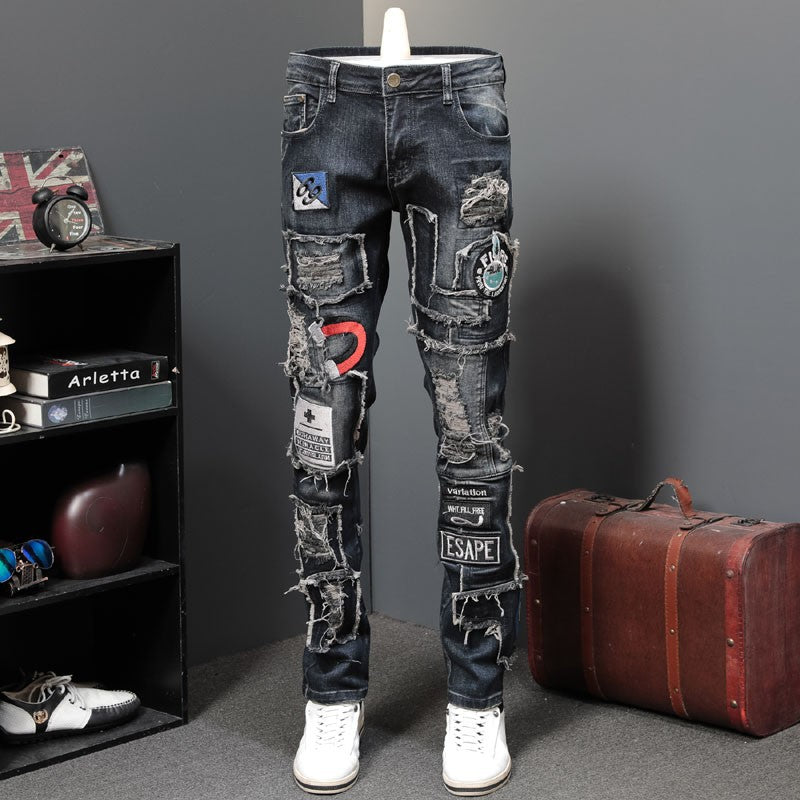 Men's Shredded Patch Embroidered Badge Jeans