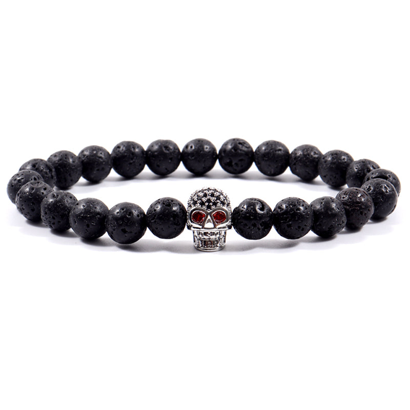 Skull Men Bracelet 8mm Lava Stone Bead Bracelet For Men Luxury Jewelry Gift