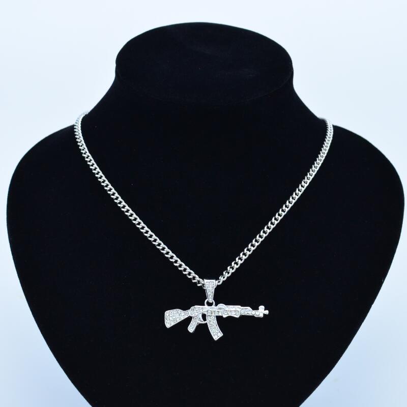 Cool Gothic Gun Shape Pendant Rhinestone Army Style Male Necklace Men Necklaces Jewelry