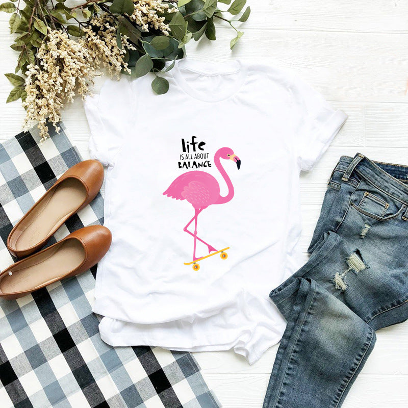 Women's Loose Flamingo Short Sleeve T-shirt Women