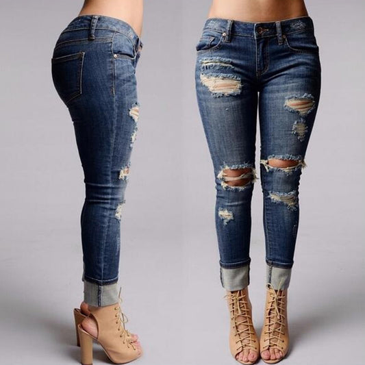 Ladies ripped long jeans