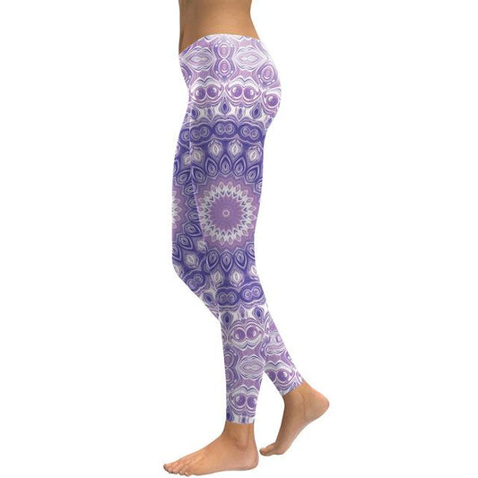 Light Purple and White Mandala Flower YogaWorkout Leggings
