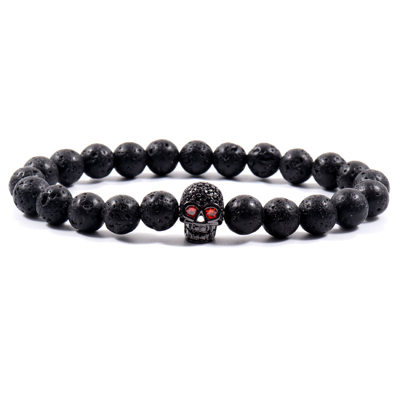 Skull Men Bracelet 8mm Lava Stone Bead Bracelet For Men Luxury Jewelry Gift