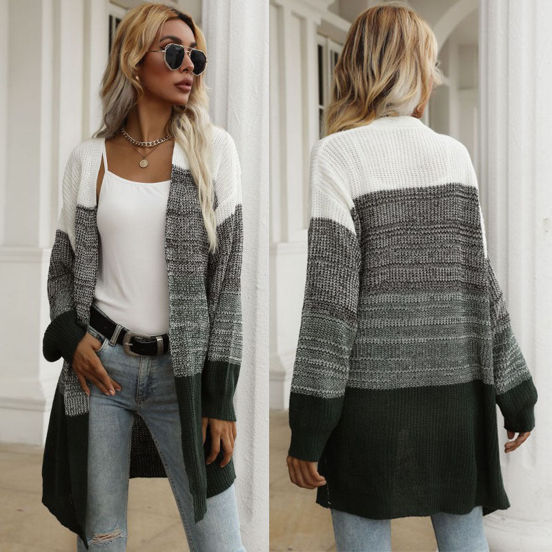 Color Block Bottoming V-Neck Knitted Sweater Women Jacket